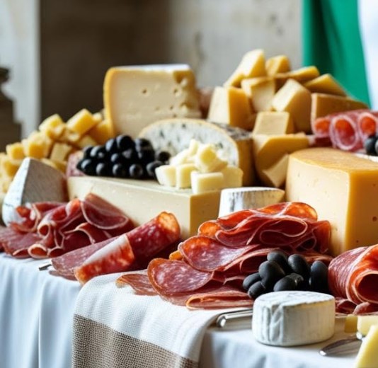 Buffet italien : fromages, vins et charcuterie