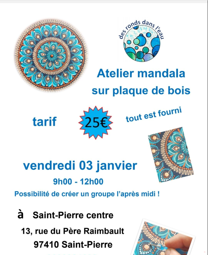 Affiche Atelier mandala sur plaque de bois
